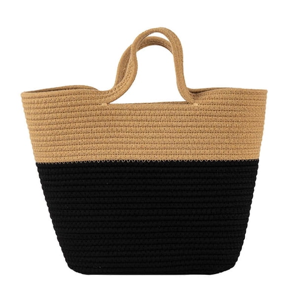 Womens Straw Tote Bag Retro Shoulder Handbag, Summer Vacation Beach Bag Aesthetic Contrast Color
