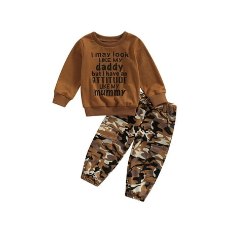 

Nokpsedcb Little Kids 2PCS Pants Suit Toddler Girl Boy Long Sleeve Letter Crew Neck Pullovers Camouflage Long Pants Spring Fall Dairy Wears Caramel 3-4 Years