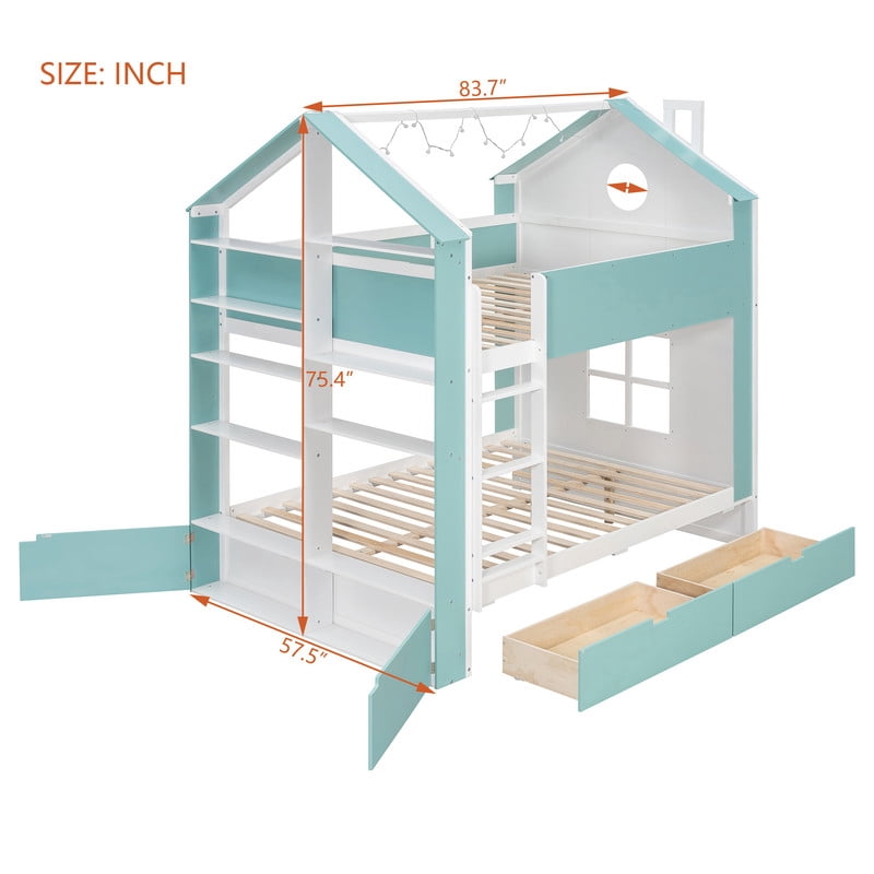 Full-Over-Full Two-Tone Accent Bunk Bed Frame with Cabinet, Drawers & Shelves, Modern Storage Kids Bed with LED Light Strip