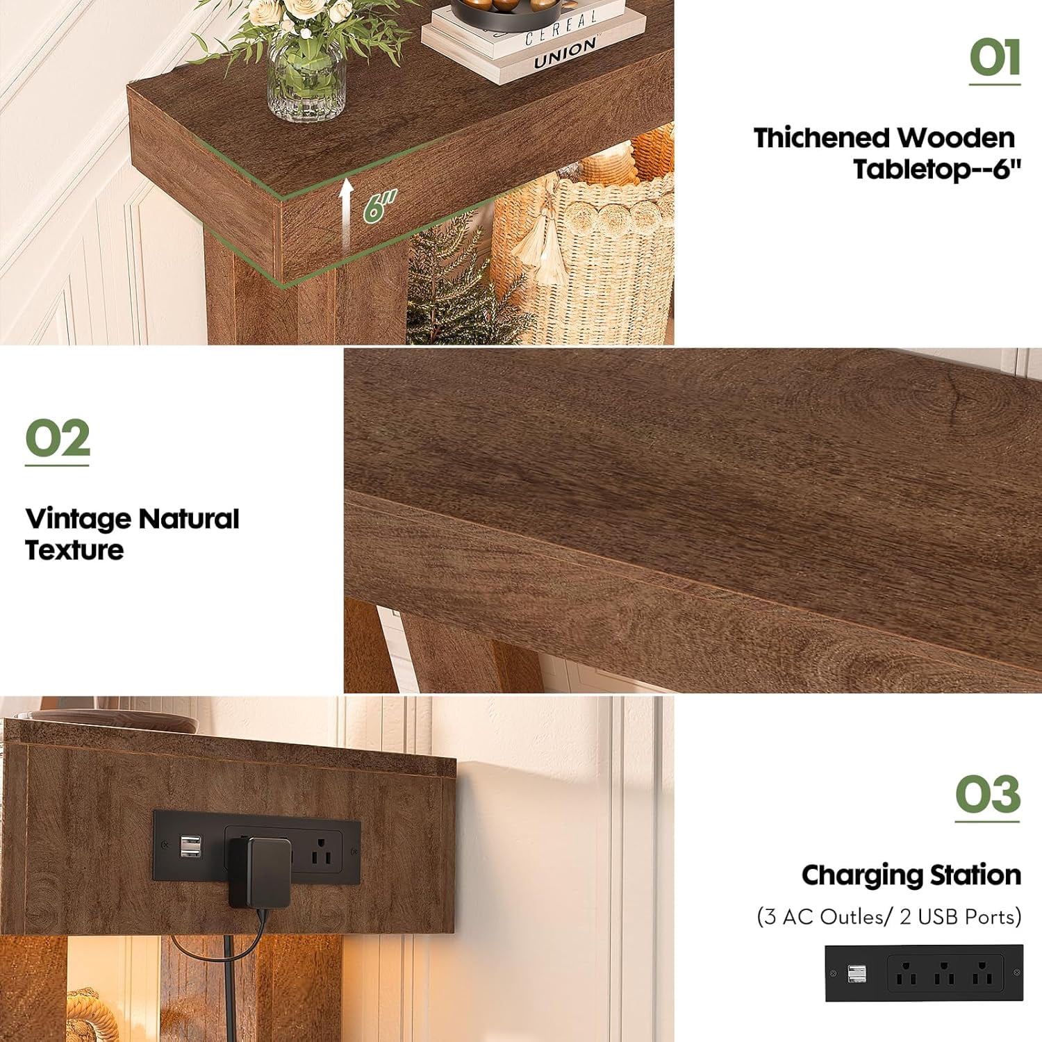 Homieasy 63'' Farmhouse Console Table with Power Outlets and Sensor Light, Wooden Entryway Table Narrow End Table with Storage for Entrance, Hallway, Living Room, Bedroom, Cracked Oak