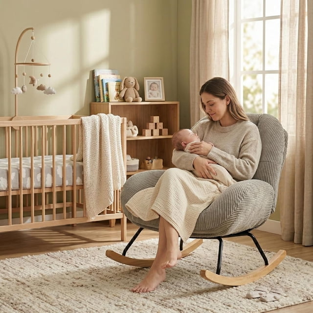 Silla Mecedora Tapizada de Pana Gris con Base de Madera y Metal, Sillón Cómodo y Acolchado para Sala, Recámara o Lactancia, Diseño Moderno y Ergonómico,