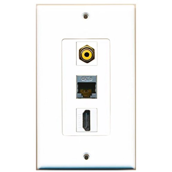 RiteAV - 1 Port HDMI and 1 Port RCA Yellow and 1 Port Shielded Cat6 Ethernet Decorative Wall Plate Decorative