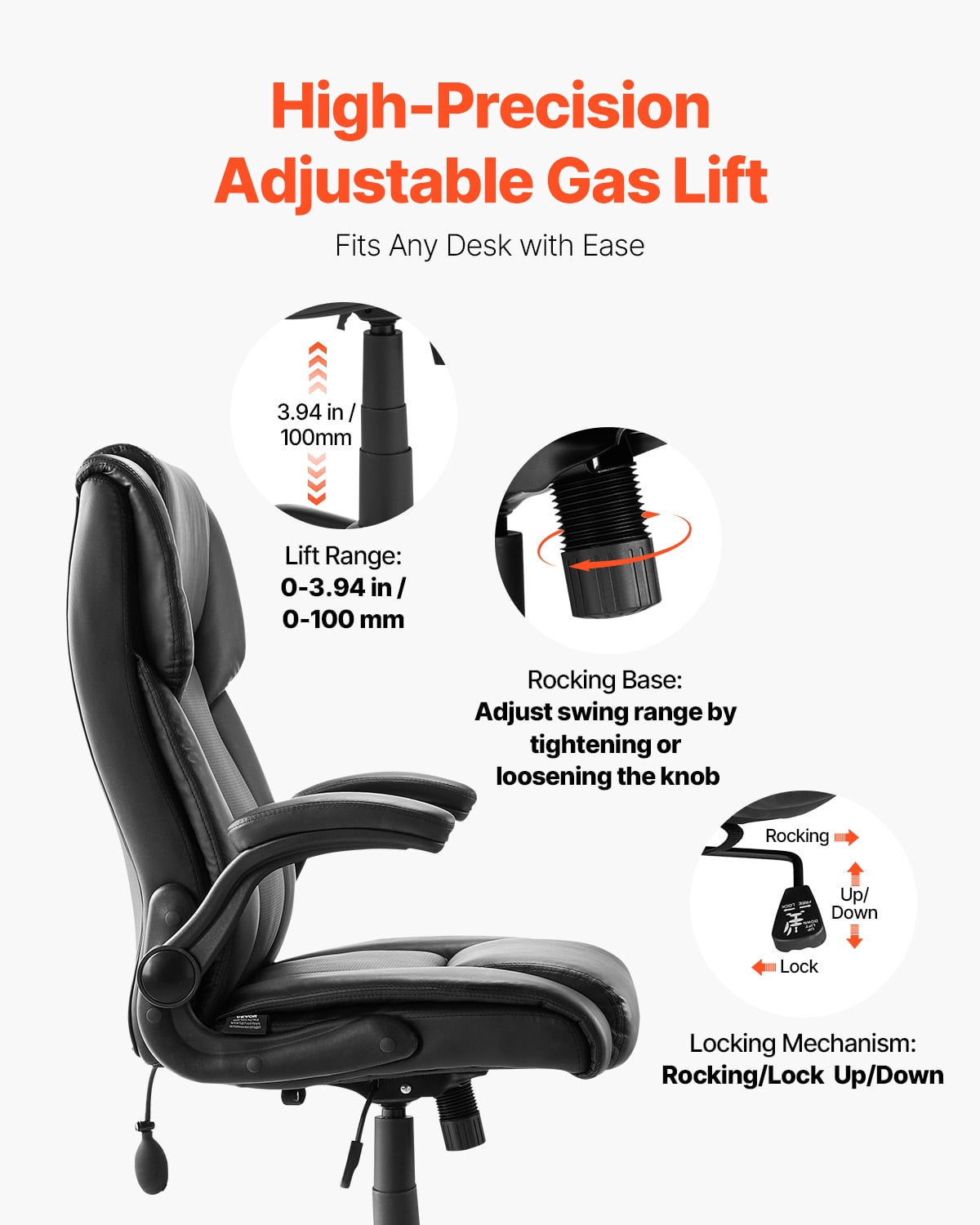 VEVOR Executive Office Chair with Lumbar Support, 300lb Capacity Office Chair with Flip-up Armrests & Lumbar Pillow, Height Adjustable Ergonomic Chair, PU Leather Reclining Home Office Desk Chairs