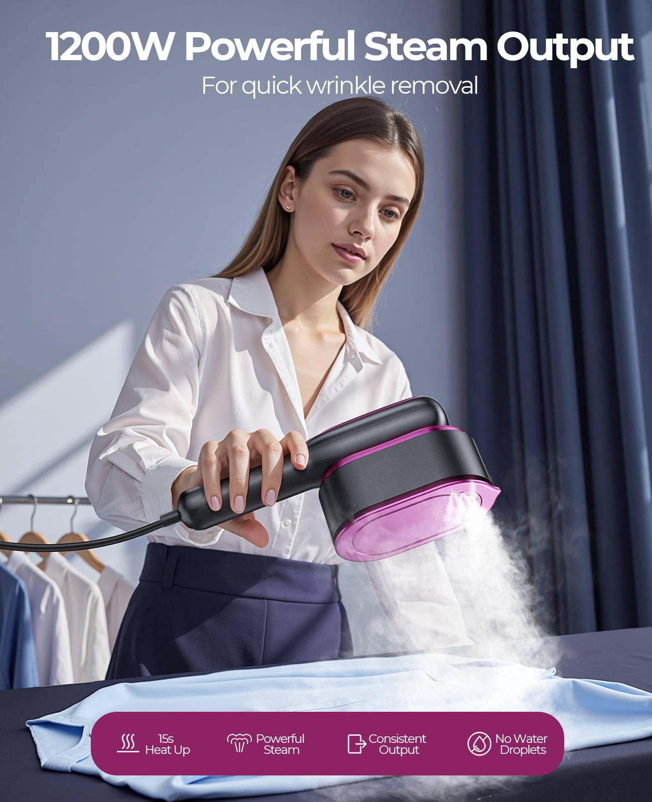 Skdwakiz Handheld Steamer for Clothes, 1200W Portable Home Garment Steamer with 5 Adjustable Steam Levels, LCD Display, and 90° Swivel Handle, Small Clothes Steamer for Home Travel