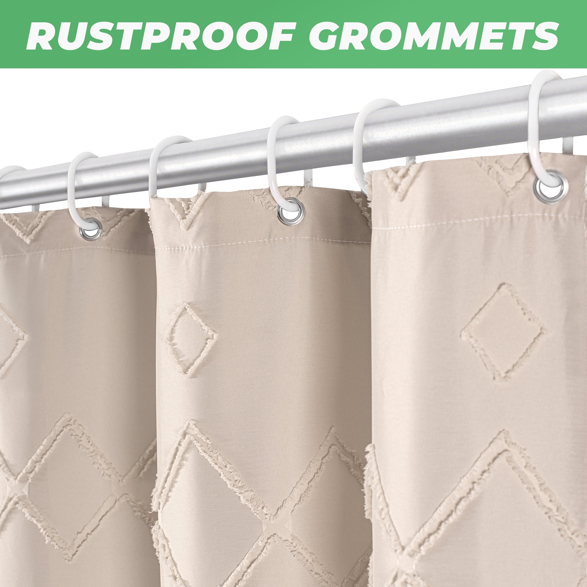 Seasonwood Beige Boho Shower Curtain with Hooks,Extra Long Heavy-Duty Weighted-Hem Fabric Bathroom Curtain,Water-Repellent, Machine-Washable,72"x96"