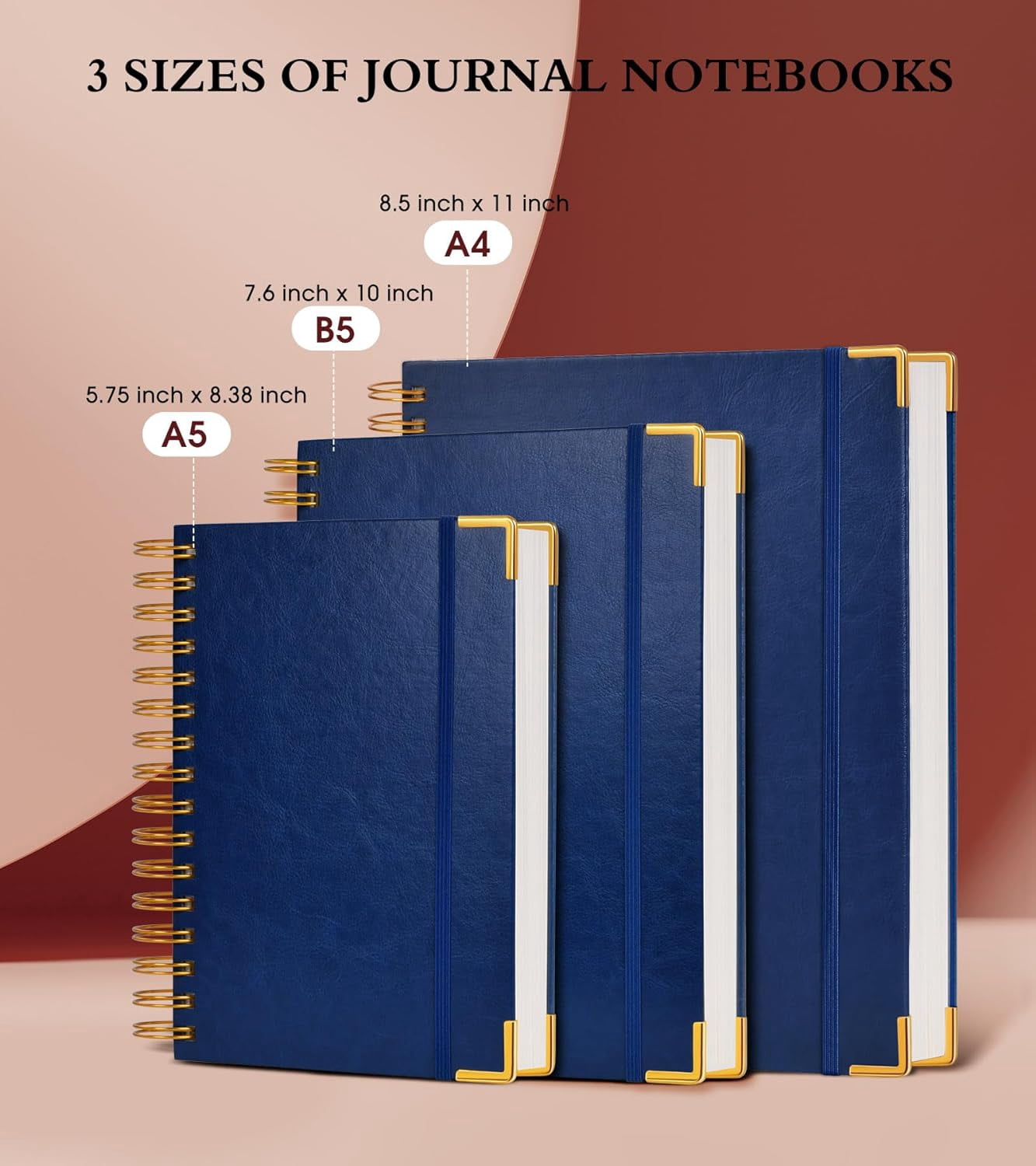 5.75"×8.38" A5 Leather Hardcover Spiral Notebook, 300 Pages, 100GSM College Ruled Journal for School & Work, Navy