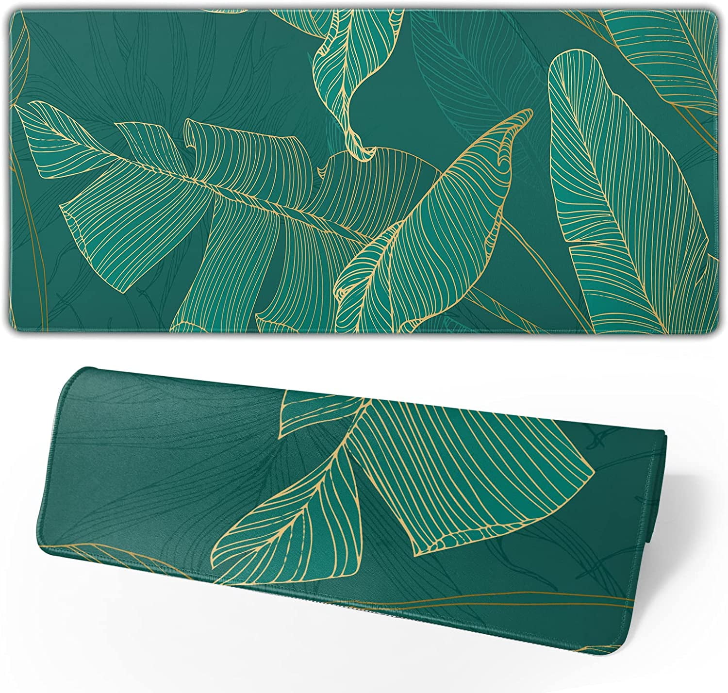 Tropical Leaf Mouse Pad 35.4 X 15.7 Inch XXL Green Gold Banana Leaf Print Full Desk Mousepad Extended Large Non-Slip Rubber Base Keyboard Mat with Stitched Edges for Gaming Office