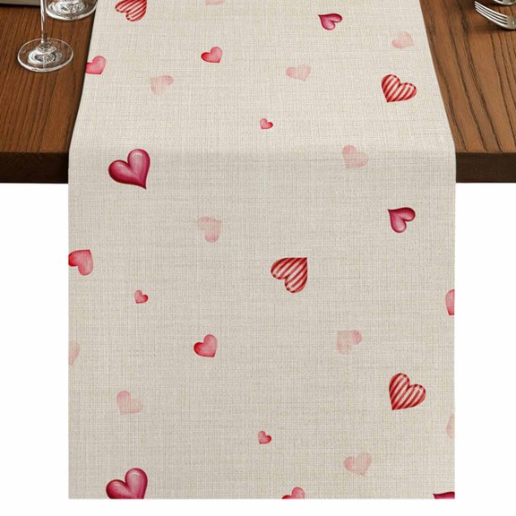 Table Runners 72 Inches Long Dress Scarves, Valentine's Day Farmhouse Kitchen Table Runner, Coffee Tablerunners, Red Love Heart Romantic Beige Burlap 14x72 Inch