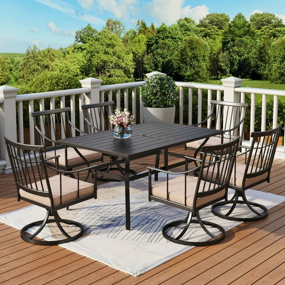 MF Studio 7-Piece Outdoor Patio Dining Set with Swivel Cushioned Chairs & 6-Person Metal Table, Black & Beige