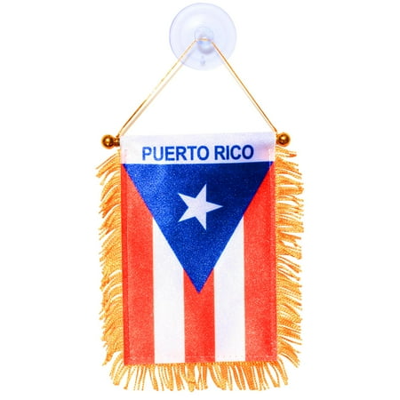 Anley 4 X 6 Inch Puerto Rico Window Hanging Flag - Rearview Mirror & Double Sided - Fringed Puerto Rican Mini Banner with Suction