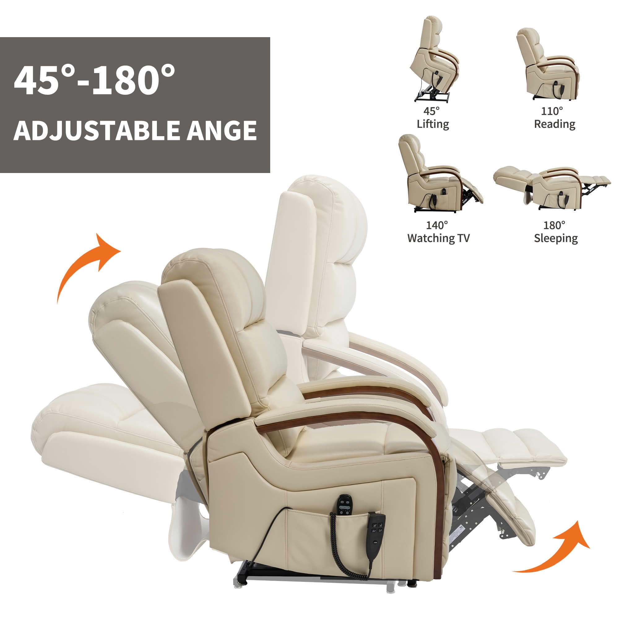 MAYEERTY Beige Leatheraire Dual Motor Power Lift Recliner, 350lbs Solid Wood Armrest Massage Heat 30"x36"x43" for Elderly