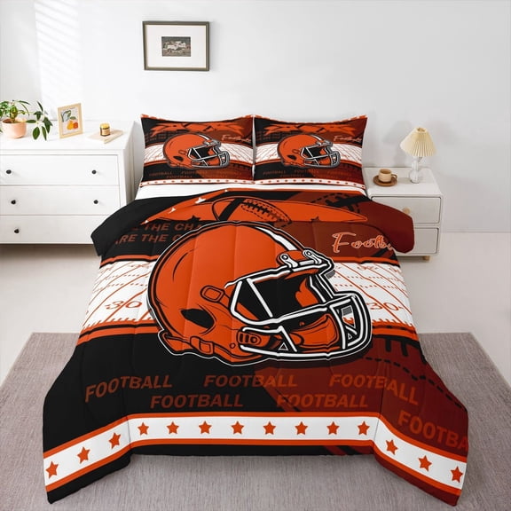Erosebridal Football Helmet Print Bedding Twin Comforter Set, Sports Theme Down Comforter , Cincinnati, Black Orange, Reversible 2pcs, Ultra Soft