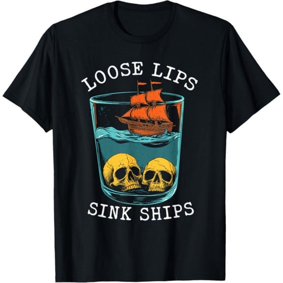 Men's 100% Cotton T-Shirt 180gsm - Loose Lips Sink Ships Vintage Pirate Skull Ship Art T-Shirt, Black Comfortable Breathable Soft Tee, Gift for Men