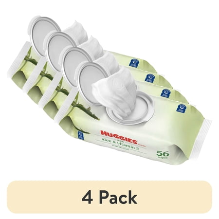 (4 pack) Huggies Aloe & Vitamin E Baby Wipes for Sensitive Skin Unscented 1 Flip-Top Pack 56 Total Count