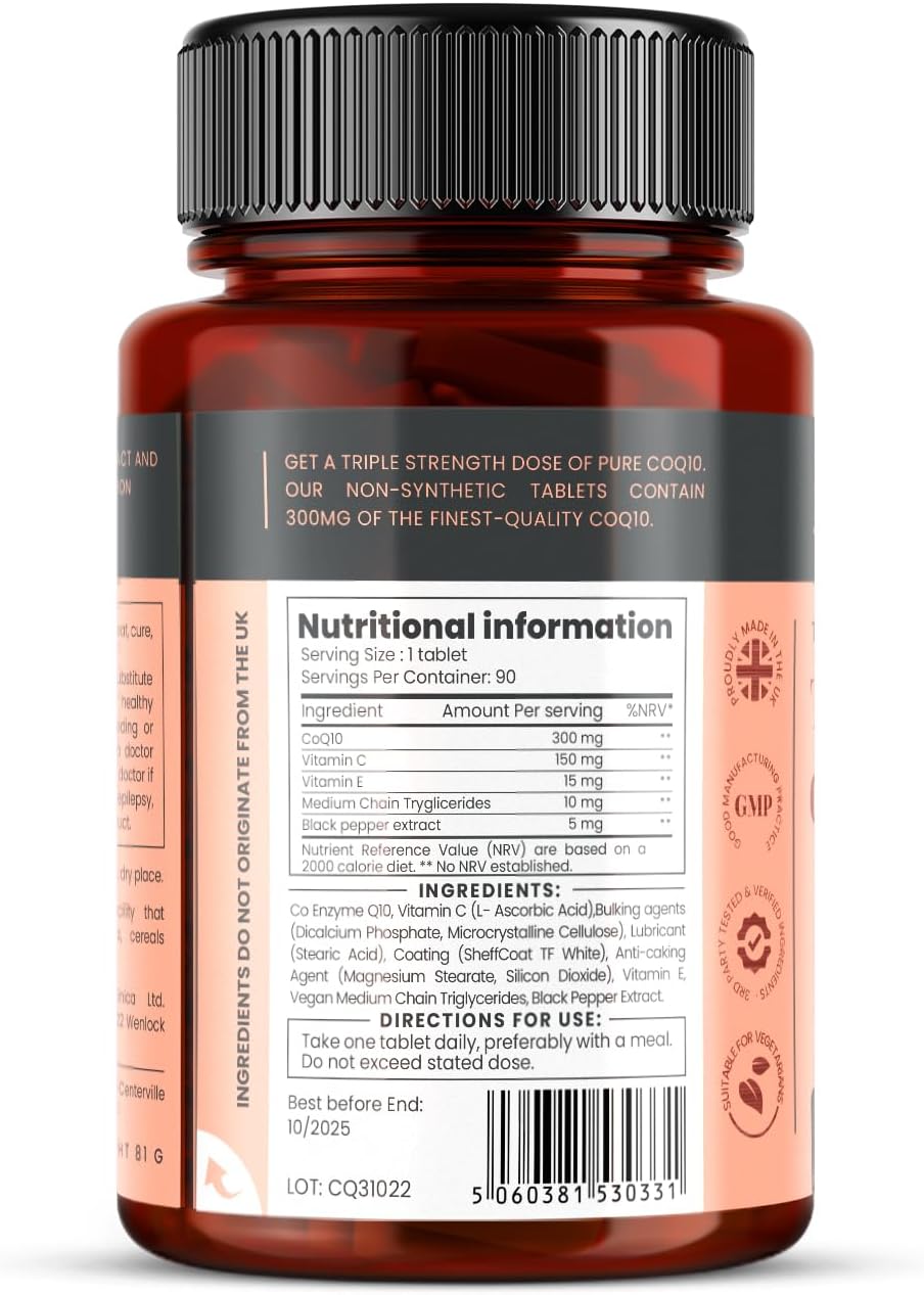 Pureclinica Fermented CoQ10 300mg x 90 Tablets. Non GMO, USP Grade with Added Vitamin C and Black Pepper Extract for Absorption.