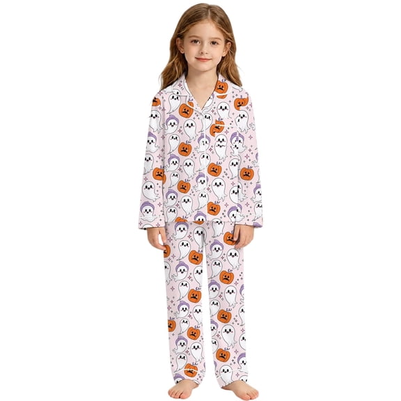 JIAYUE Girl Child Sleepwear Ensemble Enchanting Halloween Themed Print Pajamas For Notch Collar Long Sleeve Tops And Cozy Bottoms Two Piece Set Lightweight Home Soft Nightwear,3-4 Years