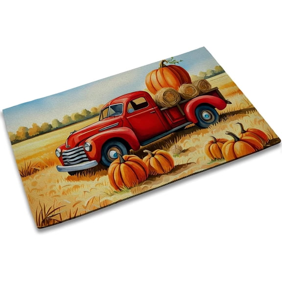 Happy Spring Entrance Door Mat,Thanksgiving Day Decor Doormat,Red Truck and Pumpkin Rugs Non-Slip Carpet Rugs with Felt Decorative for Home/Indoor/Outdoor 17" x 30"