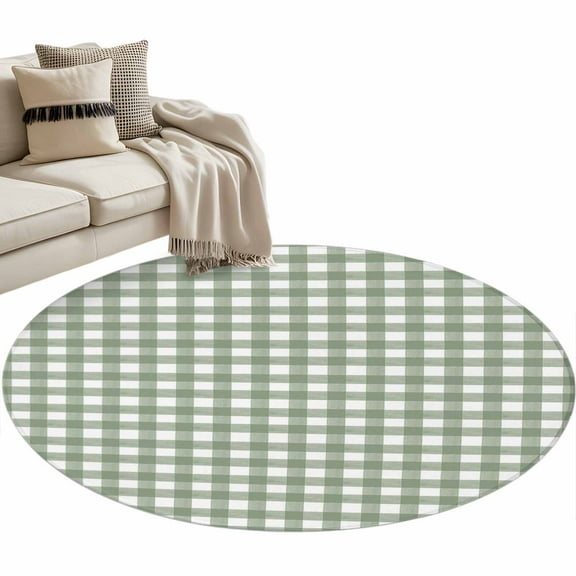 Sage Green Buffalo Plaid Round Area Rug 4 FT, Non Slip Indoor Outdoor Rug, Farmhouse Green White Checkered Washable Soft Circular Carpet Non-Shedding Floor Mat for Coffee Table Nursery Foyer Balcony
