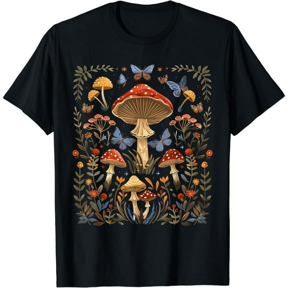 Cottagecore Aesthetic Mushrooms Wildflower and Butterflies T-Shirt