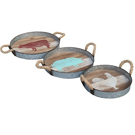 Barnyard Designs Round Metal Wooden Decorative Nesting Tray Set