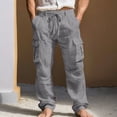 thumbnail image 3 of WULMLEO Mens Casual Linen Cargo Pants Summer Elastic Waist Straight Leg Pants Beach Trousers with Cargo Pockets Dark Gray XL, 3 of 5