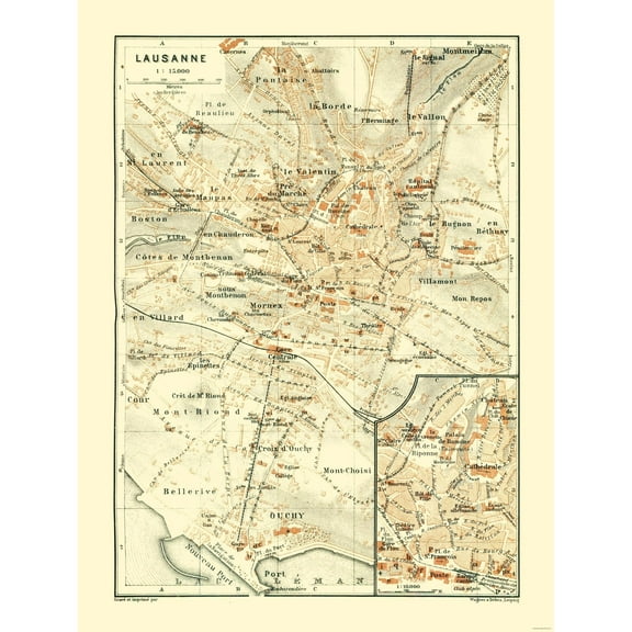 Historic Map - Lausanne Switzerland - Baedeker 1921 - 23 x 30.52 - Vintage Wall Art