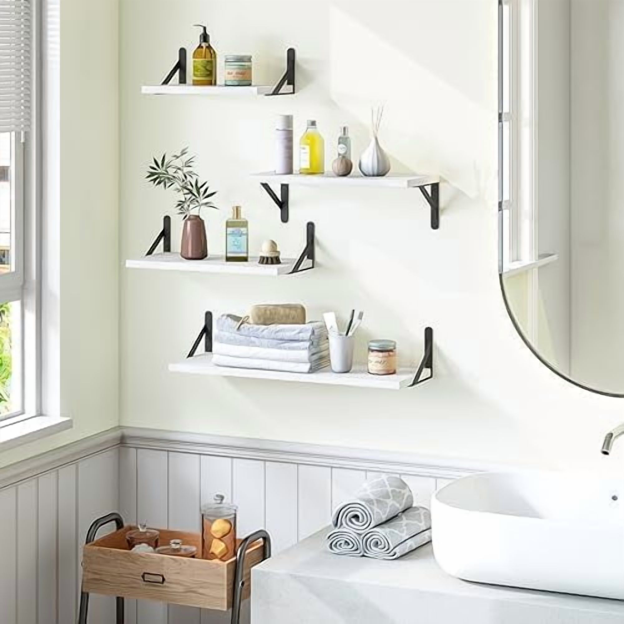 Floating Shelves for Wall, Different Sizes Rustic White Wall Shelves for Living Room, Bathroom, Bedroom, Kitchen, Home Decor (Set of 4)