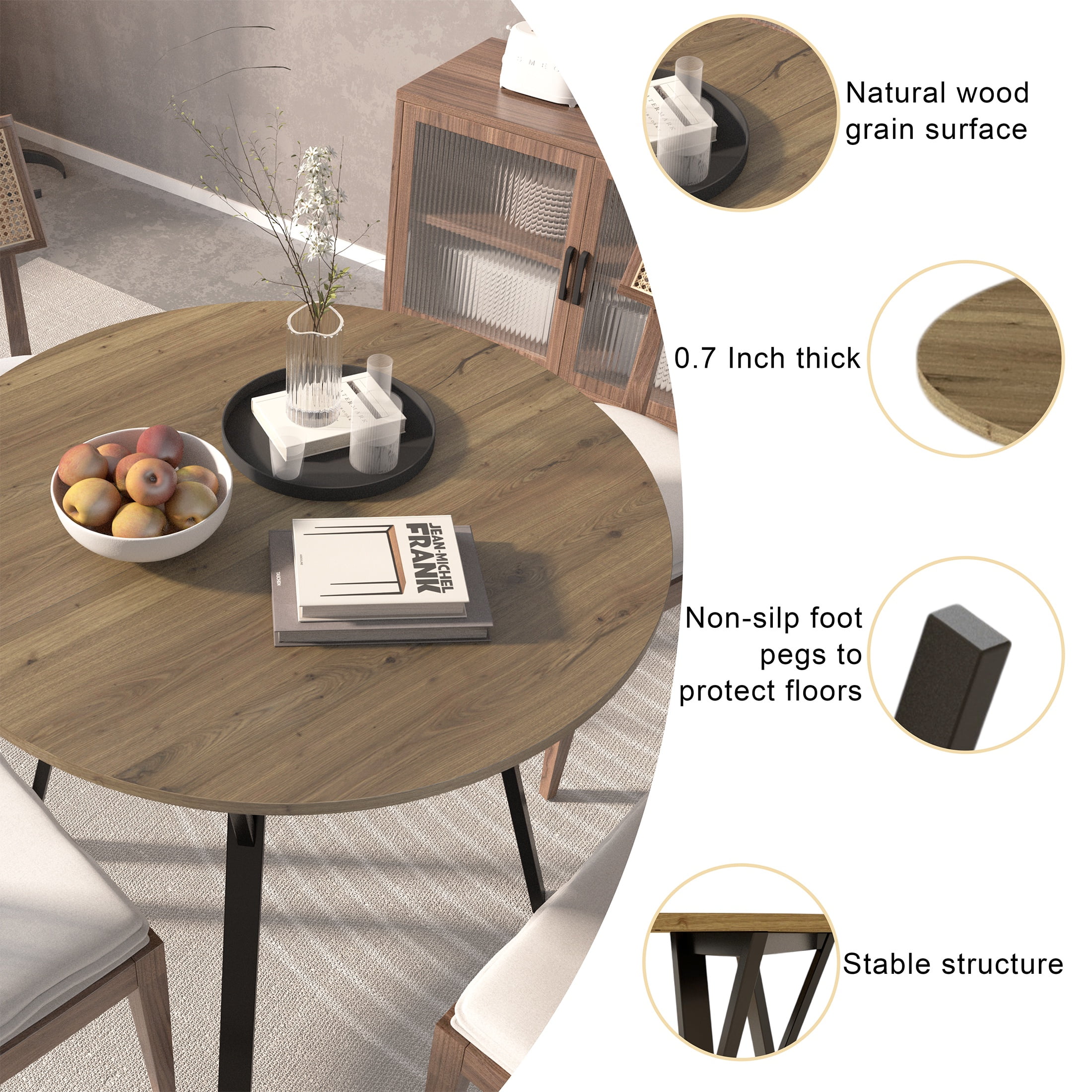 PORKISS Round Dining Table for 4, Small Circle Kitchen Table with Metal Black Legs for Kitchen Living Room (Only Table), 35.43" Table, Rustic Brown