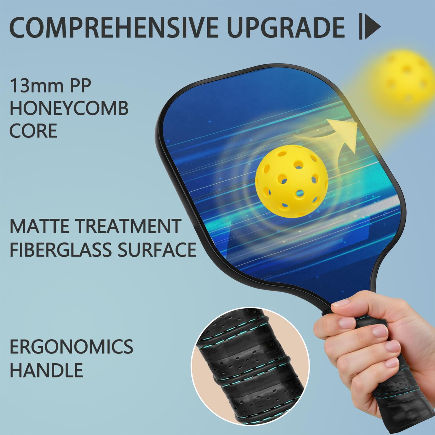 Pickleball Paddles Set Of 1, Fiberglass Surface, Speed, Lightning, Thunder Print, 1 Paddle, 2 Balls & Bag