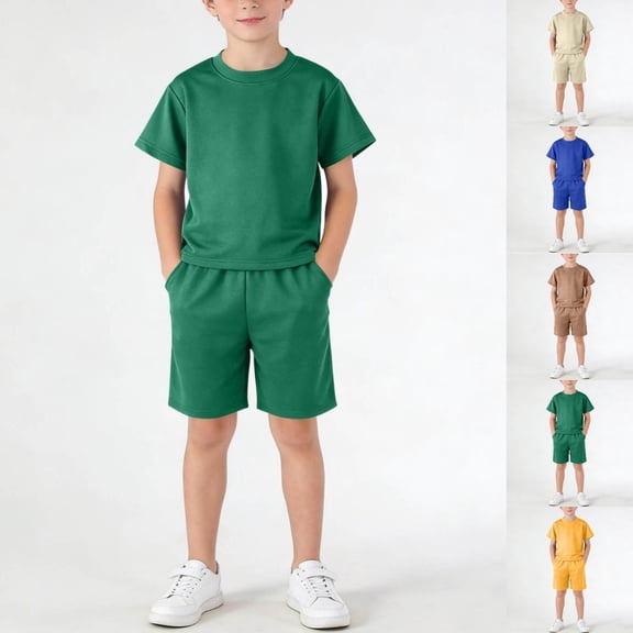 SGFCWSX Boys 2 Piece Outfits Kids Summer Casual Solid Color Short Sleeve Tee Elastic Waist Shorts with Pockets Daily Wear Green Size 7-8 Years