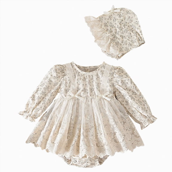 mgoYE Baby Girl Floral Romper 3 6 9 12 Month, Long Sleeve Lace Dress Bodysuit with Bonnet, Princess Style Outfit for Newborn and Infant(Beige,3-6 Months)