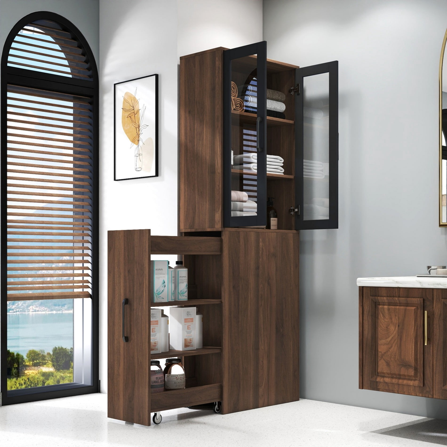 70.8" Tall Pantry Cabinet with Glass Doors, Pull-Out Shelves Storage Cabinet, 4 Tier Display Bookcase with Sliding Organizer, Freestanding Kitchen Storage Cabinet for Living Room, Dining Room, Walnut