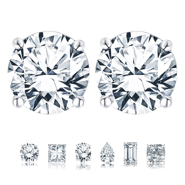 JeenMata Aros Solitarios de Moissanita de 2 Quilates con Forma Redonda y 4 Puntas en Baño de Oro Blanco de 18 K sobre Plata