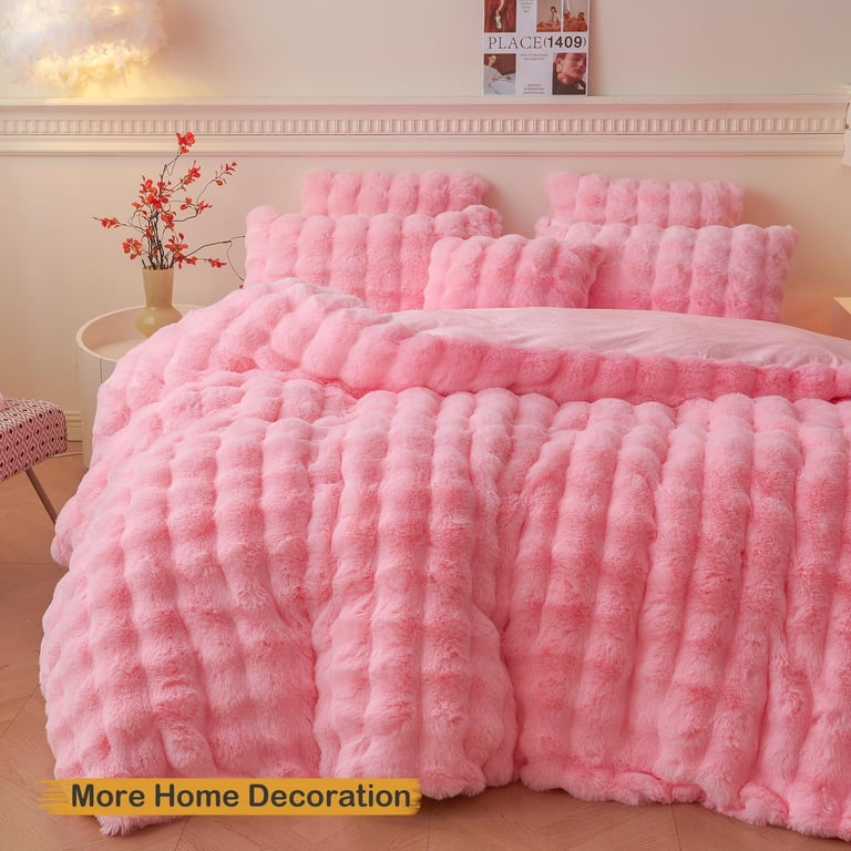 LIFEREVO Fluffy Faux Rabbit Fur Duvet Cover Set - Light Purple, Queen Size With 2 Pillowcases, Shaggy Bubble Design