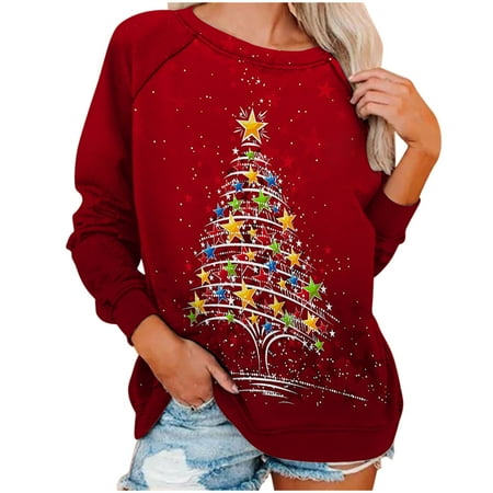

jsaierl Christmas Sweatshirts for Women Long Sleeve Christmas Tree Print Top Round Neck Sweatshirt Plus Size Pullover Womens Fall Fashion 2022