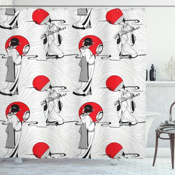 Asian Shower Curtain Japanese Geisha Girl With Traditional Kimono Folk Culture Style Modern Artful Image Fabric Bathroom Set Hooks 69w X 70l Inches Red Black By Ambesonne Com Asian Shower Curtain Japanese Geisha, Asian Shower Curtains