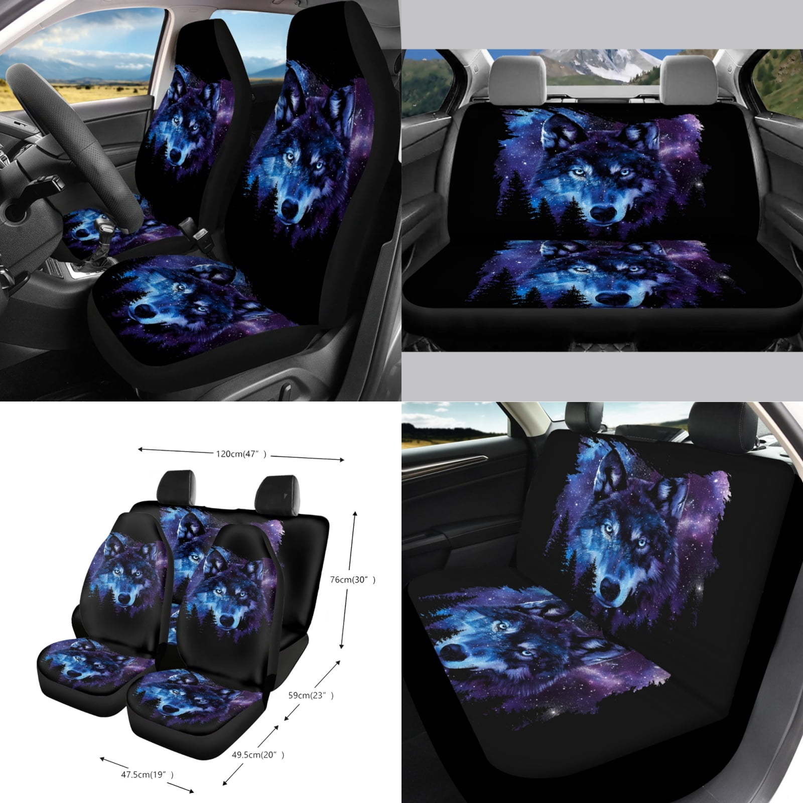 Garronmavis Star Wolf 15 PCS Universal Fit Car Seat Cover Full Set Cup Mats Car Seat Covers Steering Wheel Cover Keychain Car Trash Can Car Dash Accessories Auto Rear View Mirror Covers