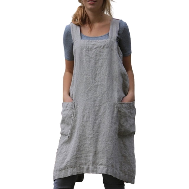 Delantal cuadrado para mujer, vestido de mezcla de algodón/lino con 2 bolsillos, para hornear, cocinar, jardinería, trabajos