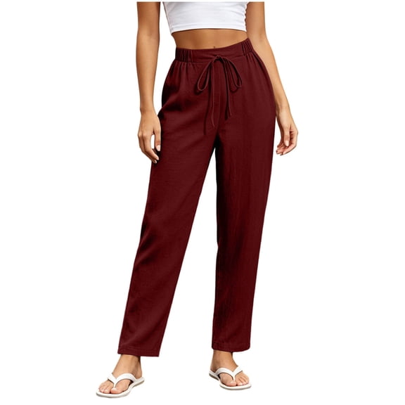Guluxicc High Waist Linen Pants for Women Casual Loose Straight Leg Trousers with Double Pockets Bottoms