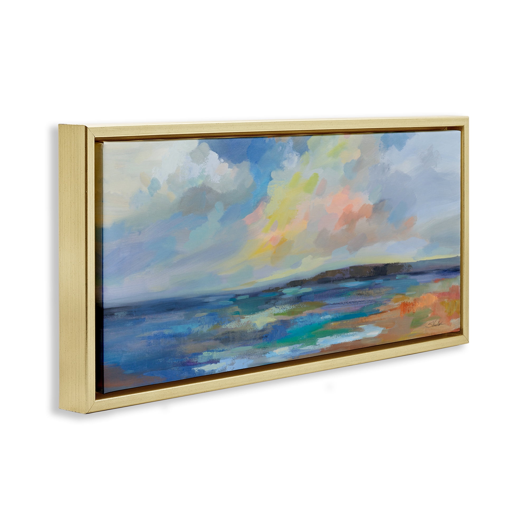 Stupell Industries Ocean Beach Sunset Landscape & Nature Painting Gold Floater Framed Canvas Art Print Wall Art, 25 x 11