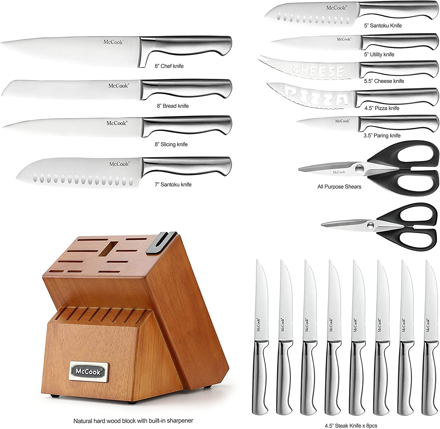 COOCRAFT Knife Set, Kitchen Knife Set Knife Sets for Kitchen with Block and  Built-in Sharpener, 24PC Block Knife Set with 6 Steak Knives and 9