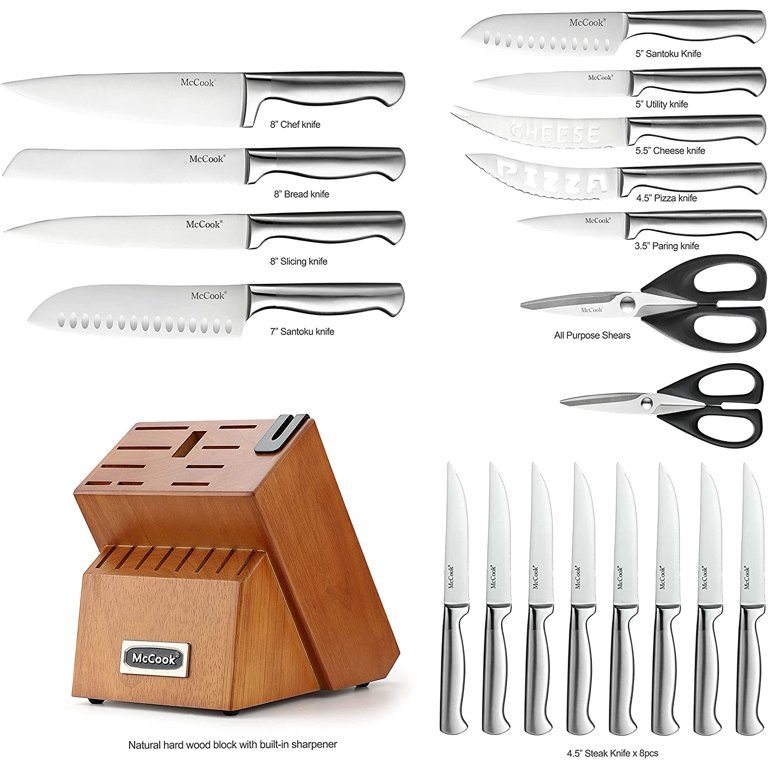 Kitchen Knife Block Set,15 Pieces German Stainless Steel, W/Built-in  Sharpener