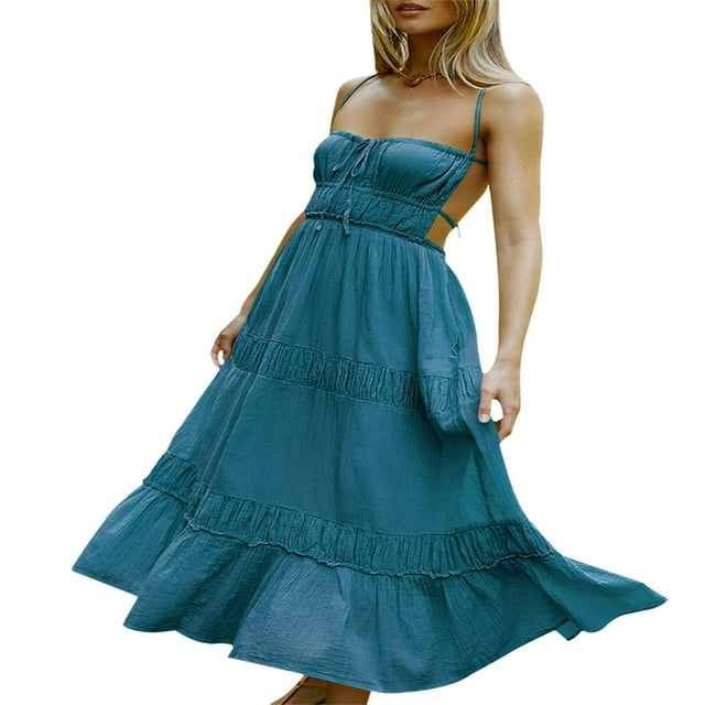 Femmes Été Robes Longues Bretelles Spaghetti Dos Nu Étagé Robe Maxi