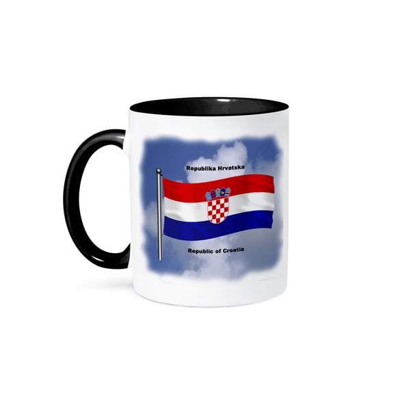 3dRose, The flag of Croatia waving against the sky with the Republic of Croatia i English and Croation, 11oz Two-Tone Black Mug