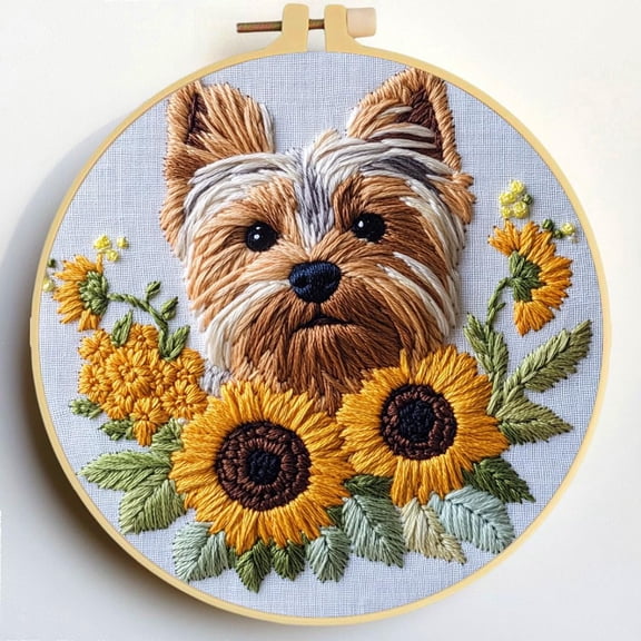 Punch Needle Kits Yorkshire Terrier Dog and Sunflowers Embroidery Starter Set with Hoop Easy for Beginners DIY Stress Relief Handmade Craft Hobby and Home Decor 20x20cm-1