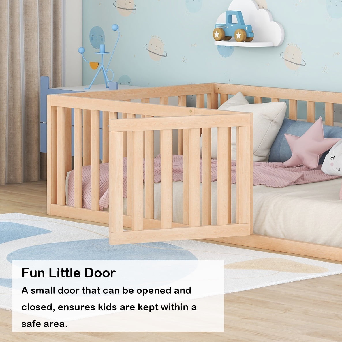 Bellemave Twin Size Floor Bed with Fence and Door, Wood Montessori Bed Frame, Floor Bed Frame, Slats Not Included (Twin, Natural)