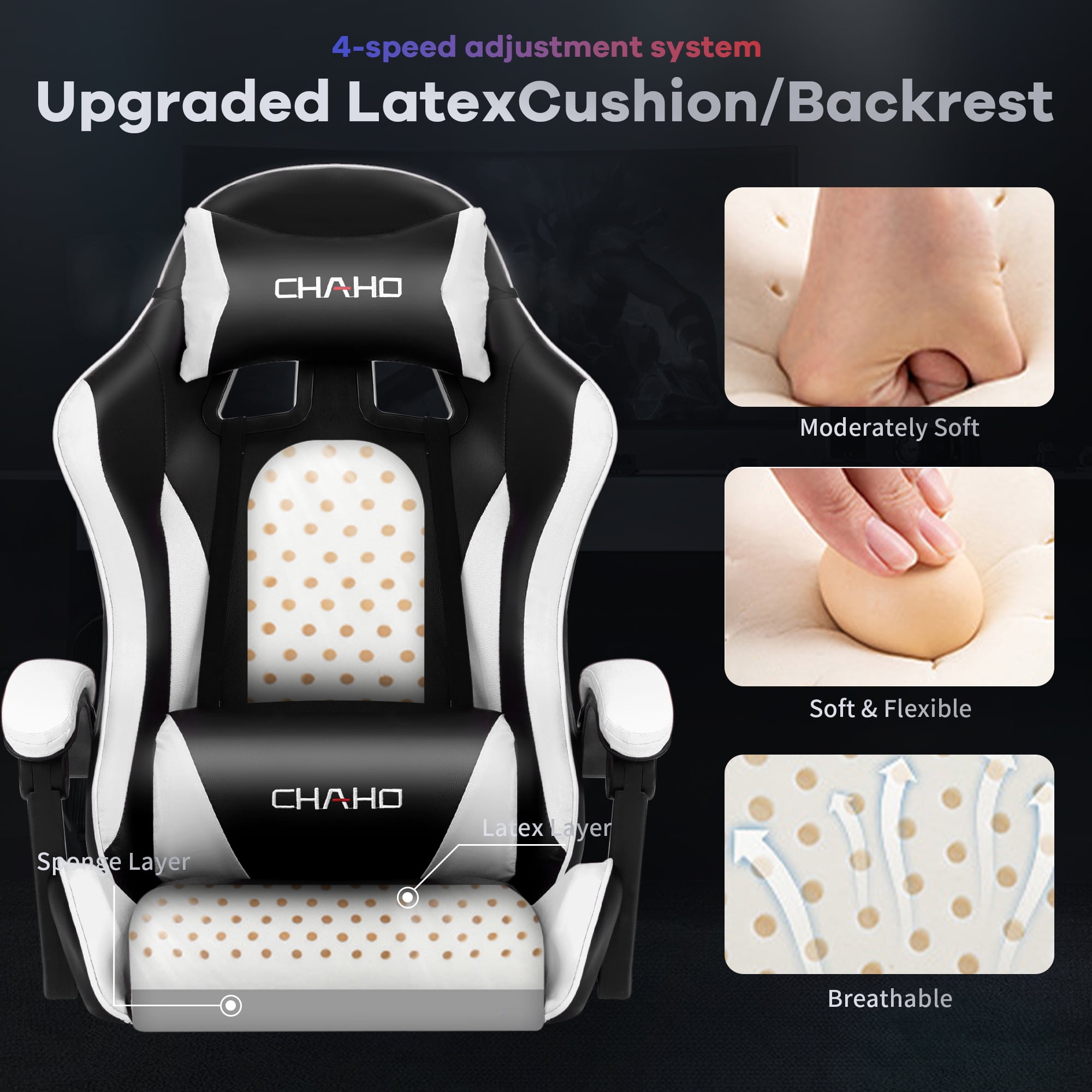 Gaming Chair,Brochao Ergonomic Office Gaming Chair Computer Racing Chair with Footrest Lumbar Support Headrest and Bluetooth Speakers for adults, White