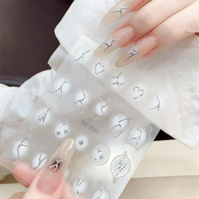 5D French Gradient Bronzing Silver Nail Art Stickers, Irregular French Line Flame Pattern Decals for Elegant Manicure Design & DIY Nail Decoration, Tear-Off