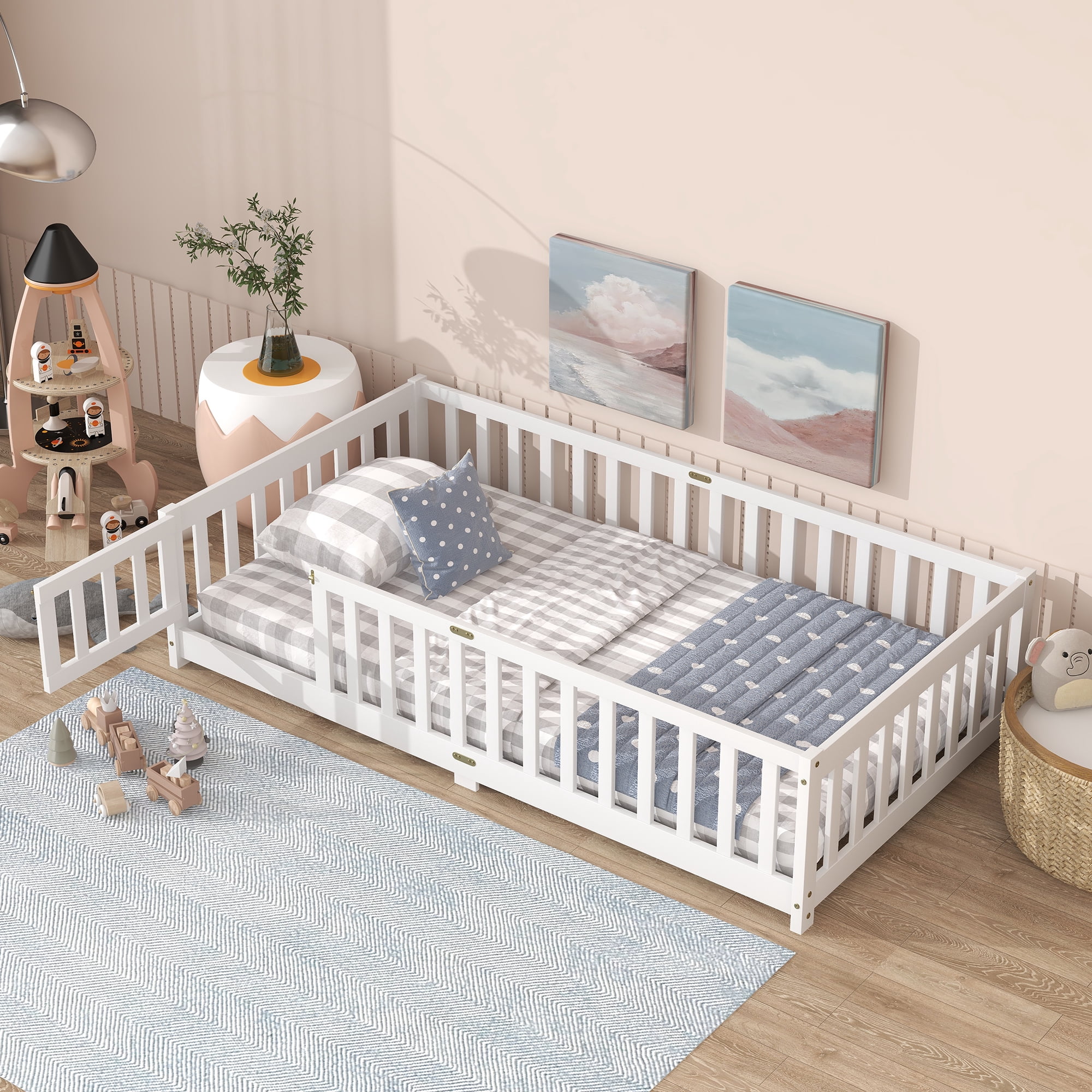 Miniyam Wood Twin Size Floor Bed Guardrails for Kids, White