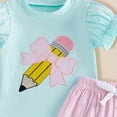 thumbnail image 3 of mgoYE Toddler Baby Girls Summer Clothes Back to School Smocked Short Sleeve T-Shirt Tops Ruffled Plaid Short Sets Cute Outfits 2Pcs(Light Blue,2-3 Years), 3 of 3